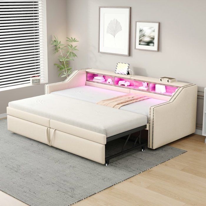 Lit gigogne 90/180x200 cm rangement multifonction éclairage LED et port USB Beige + Toile de Jute