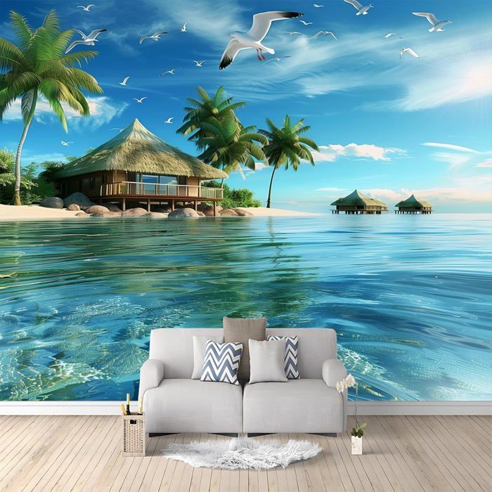 Papier Peint Panoramique Océan Palmier Mouette 350x256 cm Poster Geant ...