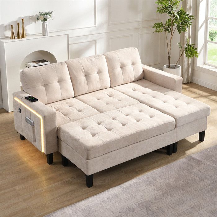 DRIPEX Canapé lit modulaire en chenille avec LED et USBcanapé multifonctionnel 3 places en L avec repose-pieds mobileBeige