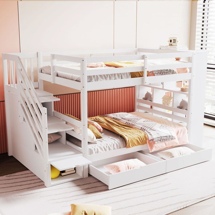Lit superposé en bois 90x200cm avec 2 grands tiroirs lit mezzanine avec escalier sécurisé rangement et garde-corps renforcé blanc