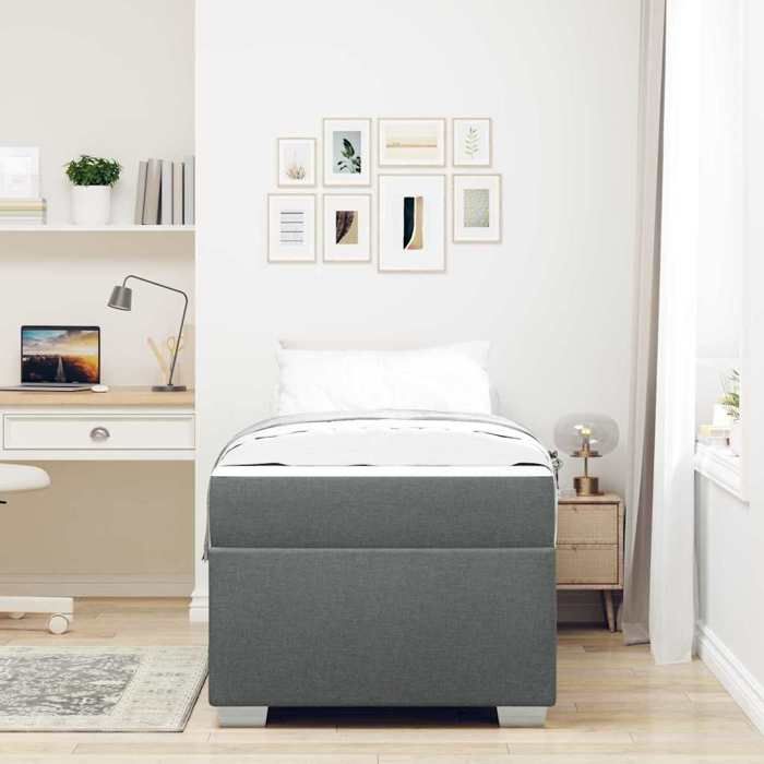 Lit avec matelas - UU - Gris foncé - 90x190 cm - Tissu - Bois dingénierie - Cadre à lattes