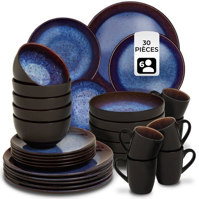 Service - TECTAKE - Set de vaisselle MARE 30 pièces en faïence émaillée 6 personnes fait main compatible lave-vaisselle - Bleu/Brun