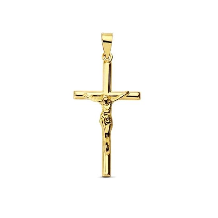 Pendentif croix avec Christ en or 18 carats 27 mm. Bâtonnet rond et lisse