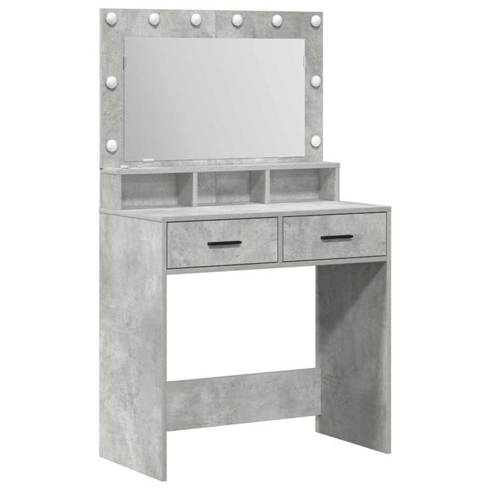 Coiffeuse moderne - vidaXL - Gris béton - 79x41x135 cm - Bois dingénierie - Miroir LED - 2 tiroirs - Étagères