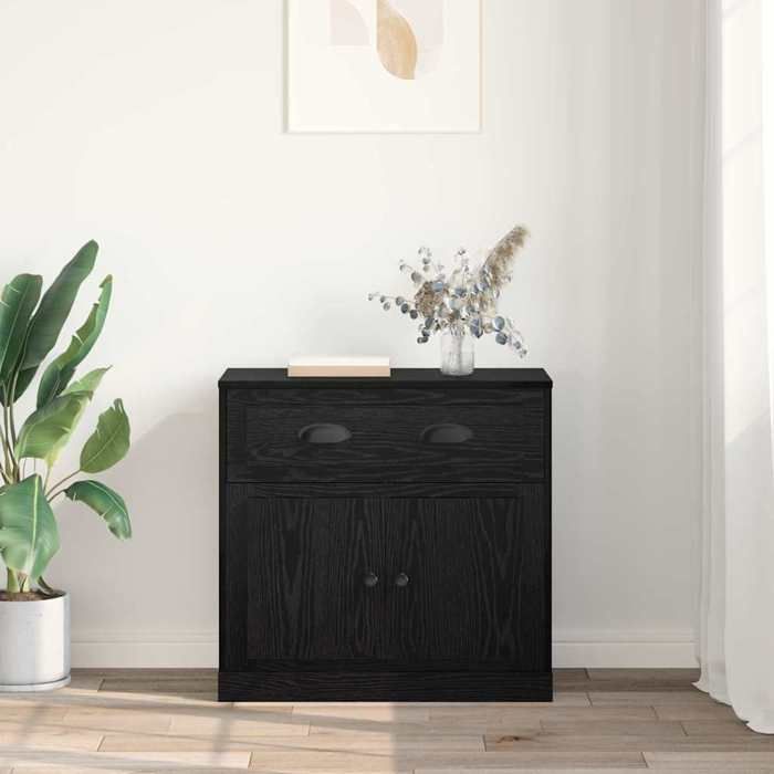 Buffet bas en bois dingénierie - MEUBLECHIC - Chêne noir - 70x35 5x67 5 cm - Étagères intégrées - Portes à charnière