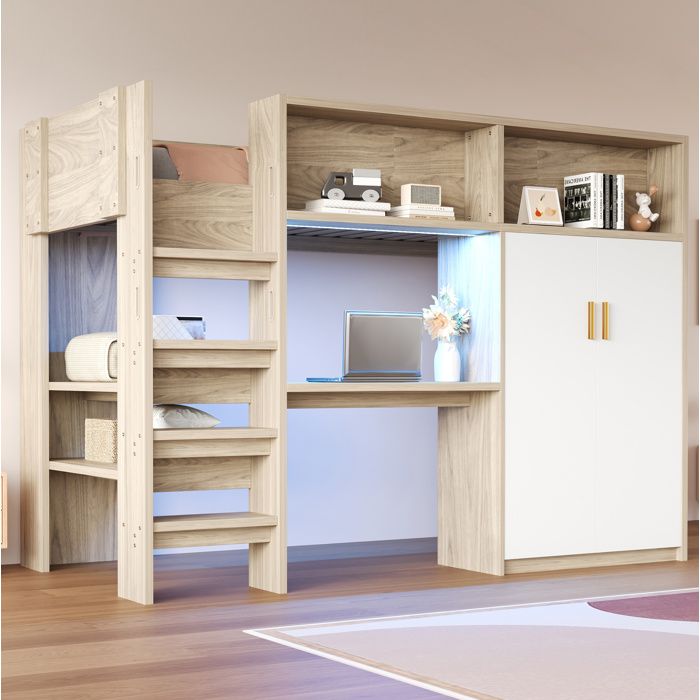 Lit mezzanine 90x200 cm avec bureau. armoire. étagères. rangements intégrés et LED. bois naturel