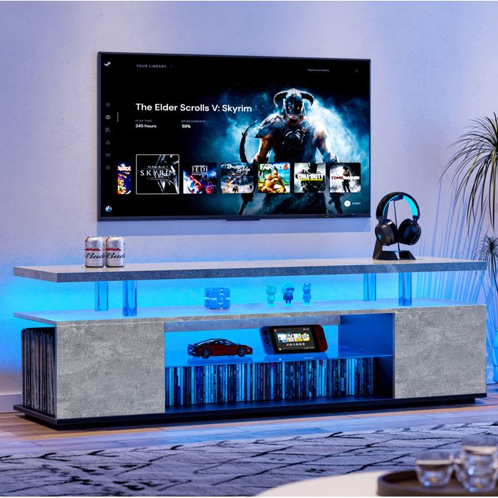 Meuble TV bas avec éclairage LED rangements fermés et 1 niche ouverte bois d’ingénierie gris/noir