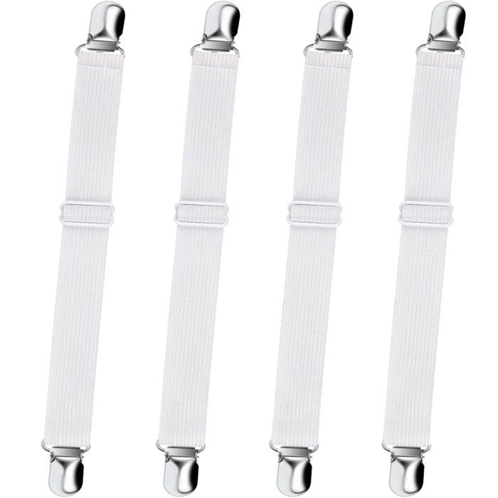 Drap-housse élastique ajustable avec sangles de fixation sangles de fixation aux coins clips antidérapants blanc lot de 4