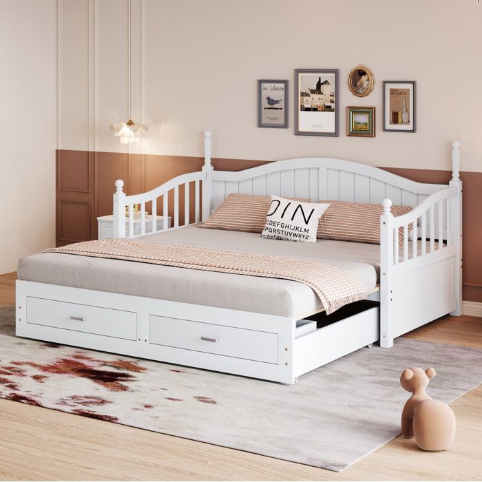 Lit banquette 90x190 cm extensible en 180x190 cm avec 2 tiroirs sommier à lattes bois blanc