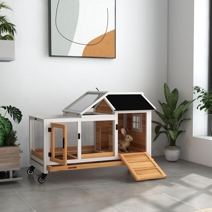 Meilleurs prix pour MOTHINESSTO3595-Clapier cage à lapins rongeurs sur roulettes 2 portes verrouillables - 108 x 58 x 735 cm bois massif jaune