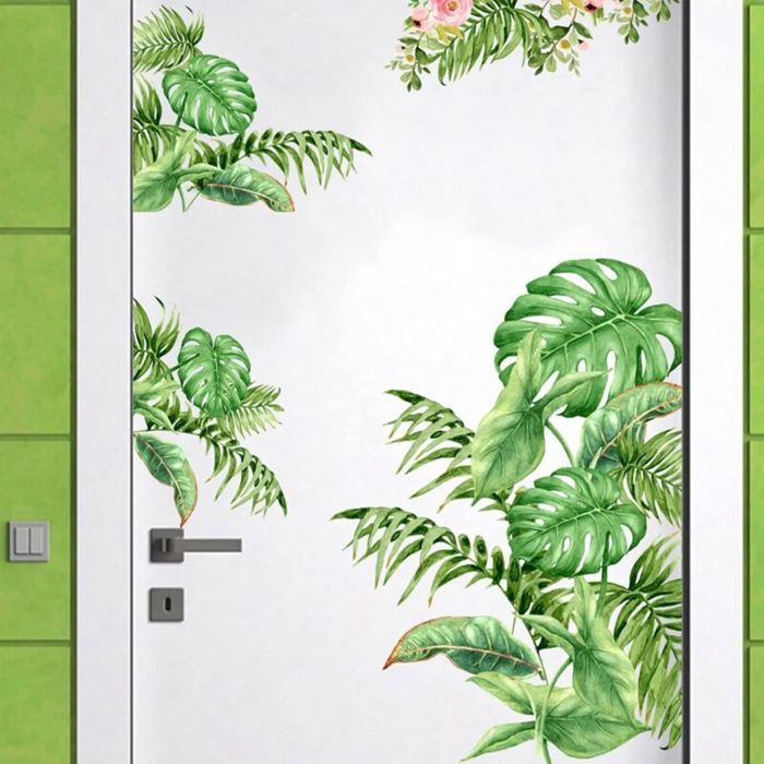 Plantes Feuilles Vertes Sticker Mural Peler et Coller Palmier Feuille Plantes Sticker Mural Art Peintures Murales Étanche DIY