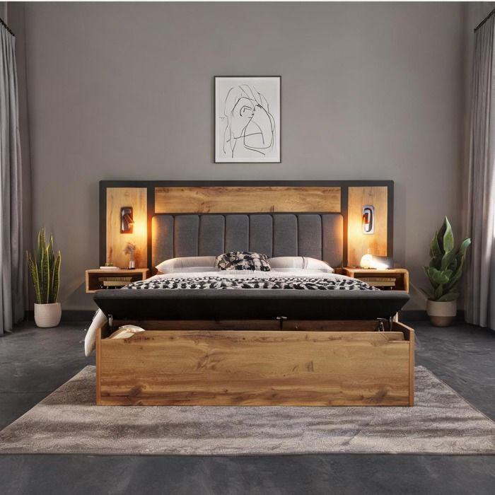 Ensemble lit double 160×200 avec chevet USB-C lampes de lecture et banc de rangement structure métal et bois finition chêne