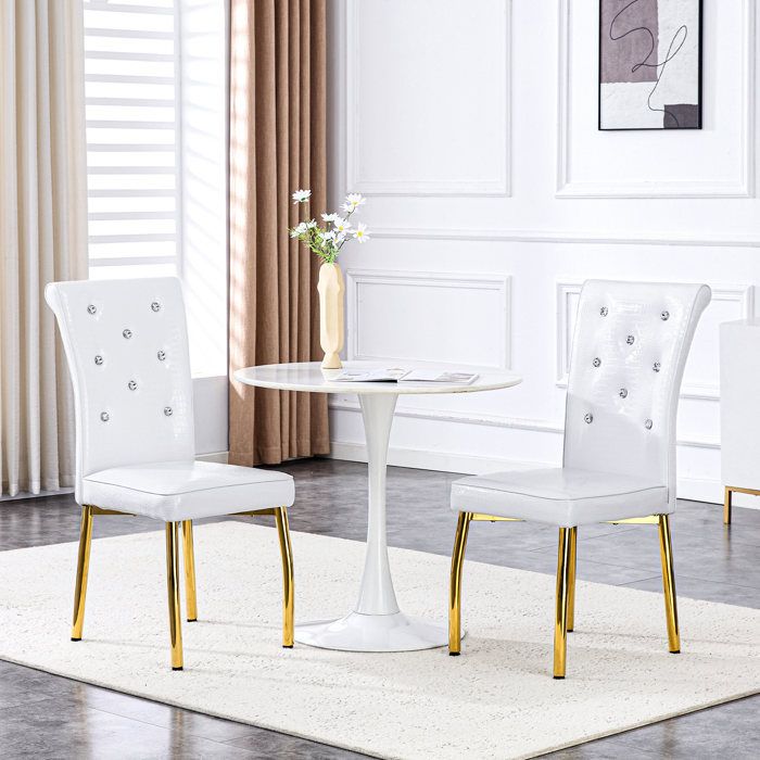 Chaises de salle à manger lot de 2 avec dossier capitonné et pieds métalliques - YEAVIO - PVC blanc et or