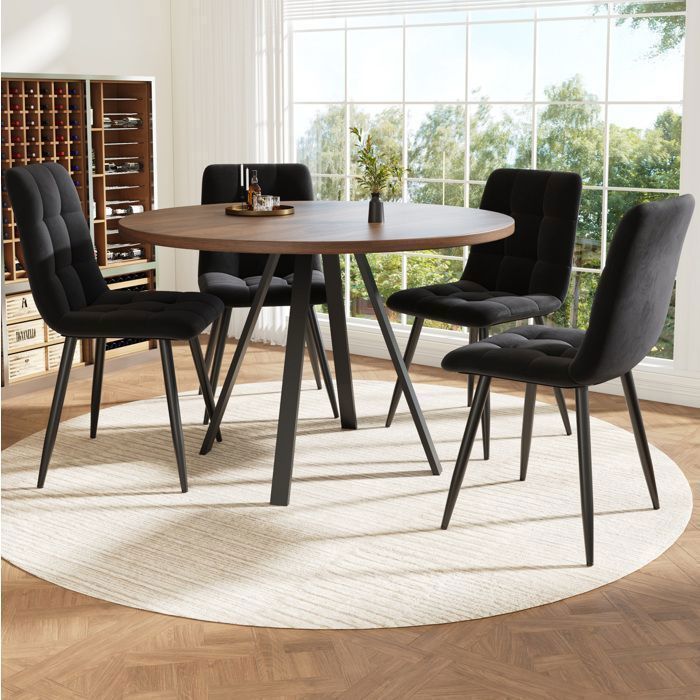 MEULVA Ensemble de salle à manger avec 1 table ronde 80 x 80 x 75 cm en MDF noyer et lot de 4 chaises en  velours noir