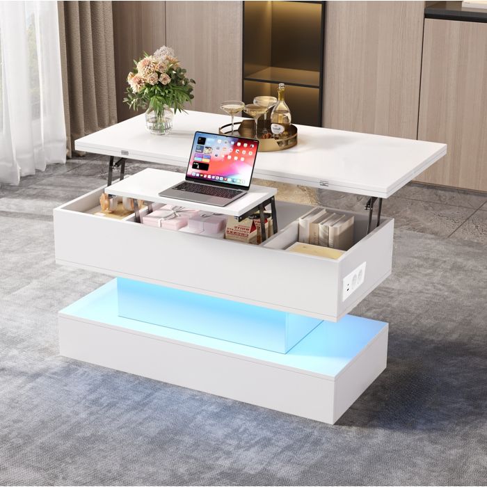 MEULVA Table basse relevable et extensible 100 x 50 cm avec rangement caché LED prise intégrée USB et USB-C blanche