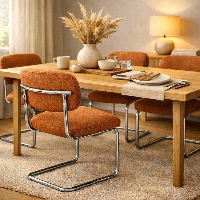 Lot de 4 chaises salle à manger tissu terracotta pied chrome - ARC
