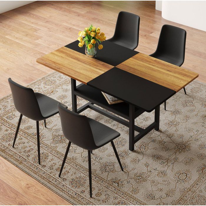 Ensemble table à manger rectangulaire 160 cm avec étagère intégrée et 4 chaises en PU noir