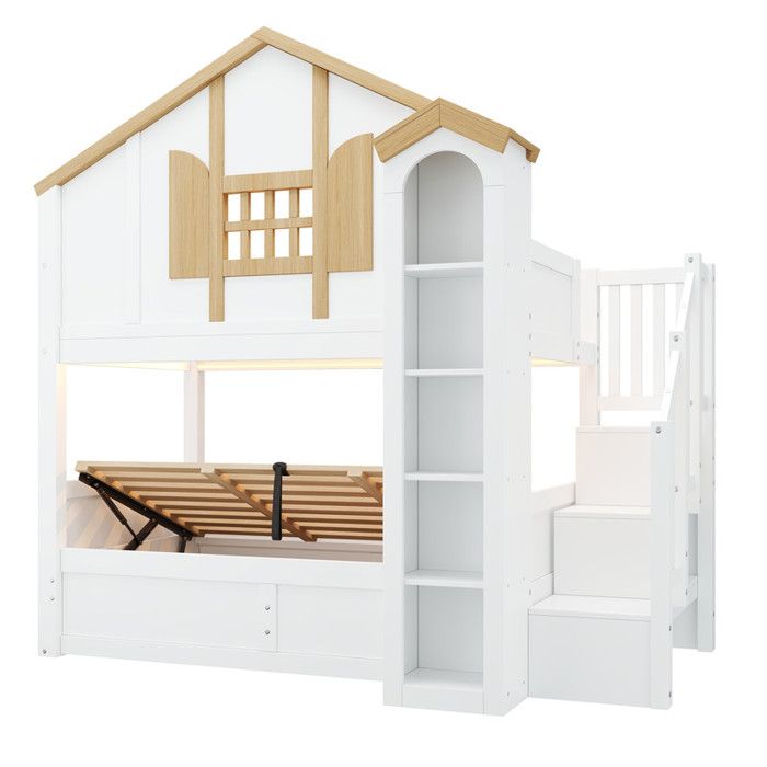 Lit mezzanine Bois Massif 90x200cm avec Lit Tirage Escalier Rangement et LED Design Château Blanc et Naturel