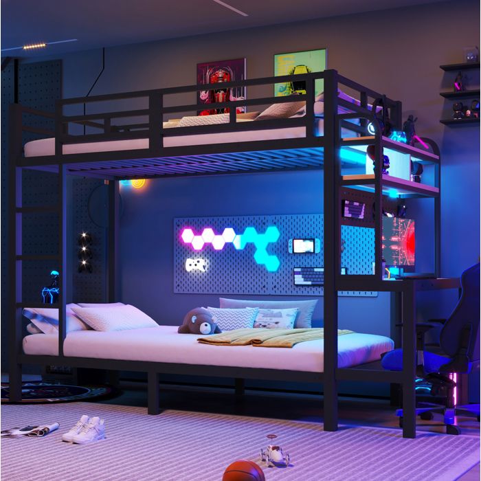 Lit superposé avec bureau et rangements EVRYAE 90 x 200 cm métal MDF LED USB noir