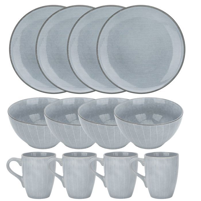 Service de vaisselle 12 pièces gris pour 4 personnes - assiettes bols et tasses en céramique pour petit-déjeuner déjeuner et dîner