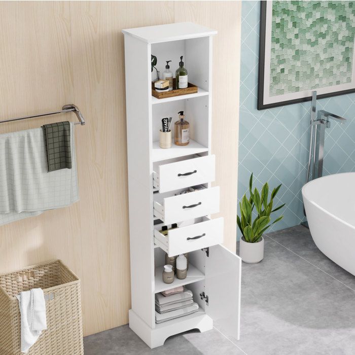 Colonne de salle de bain armoire de rangement blanche laquée MDF 3 tiroirs 1 porte étagères réglables VEVXYN