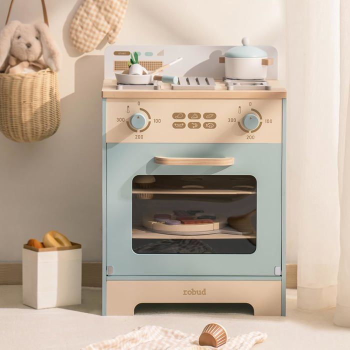 ROBUD Four Enfant en Bois avec Accessoires Cuisine Pizza Muffins Plateau Jeu d’Imitation Dès 3 Ans Cadeau Enfant