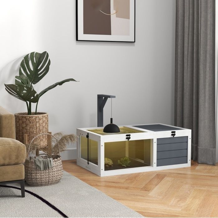 Terrarium pour tortue blanc et gris 81 x 48 x 31 5 cm 2 compartiments avec couvercles ouvrants et bacs coulissants