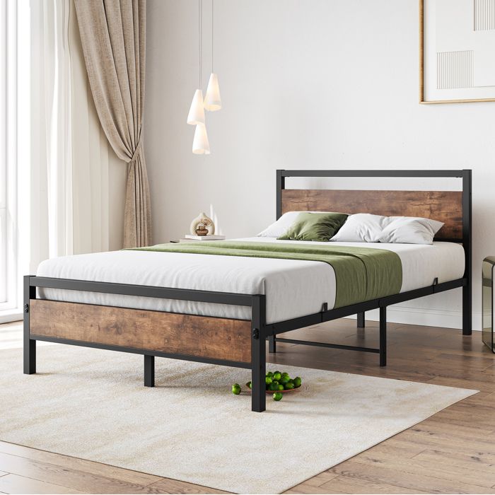 Lit Simple 120×200 cm Rangement Sous Lit Sommier Inclus - MIVRAY - Métal MDF Marron Antique Sans Matelas