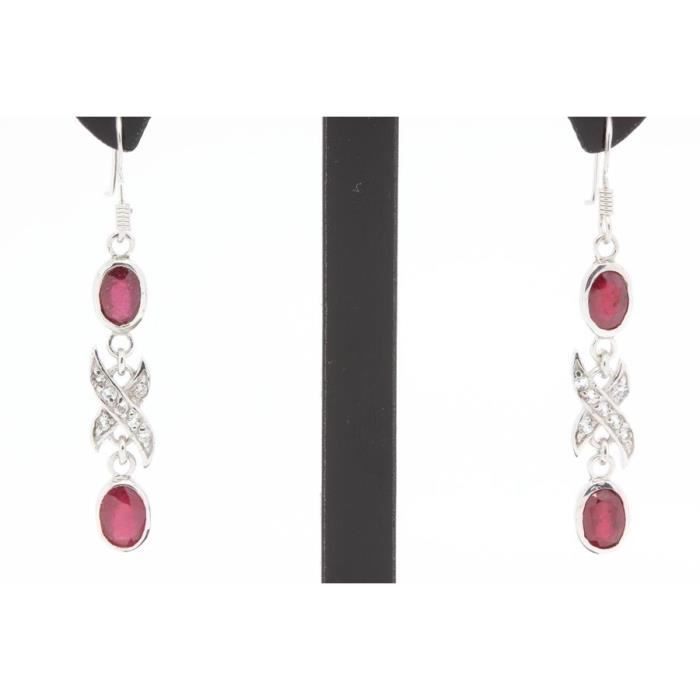 Boucles D'oreilles Imposantes En Argent 925 Avec Rubis Et Topazes Blanches - Neuf Sans Emballage
