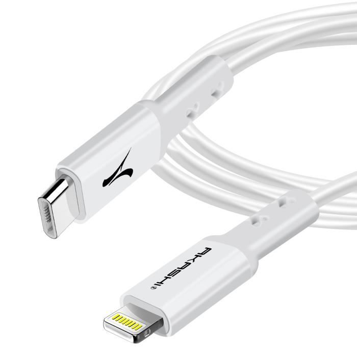 Câble USB-C vers Lightning Charge Rapide 3A Charge Synchro 1.5m Akashi Blanc
