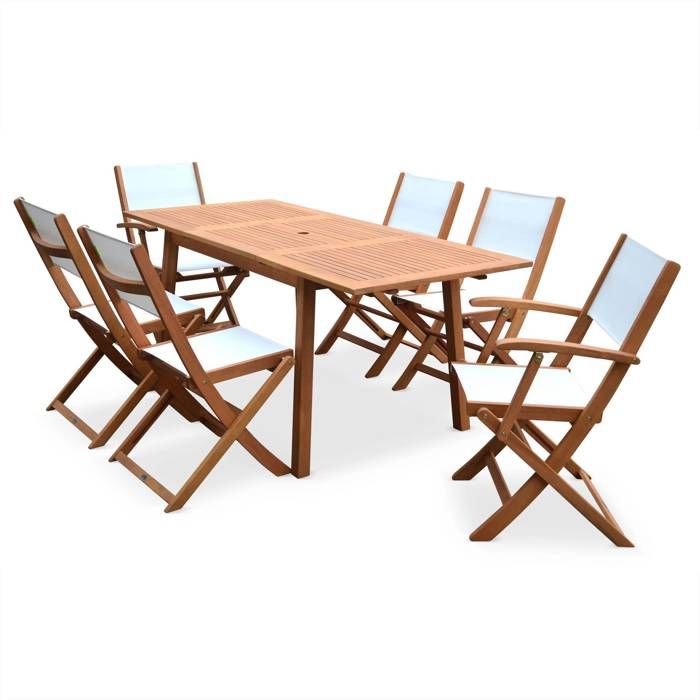 salon de jardin en bois eucalyptus fsc extensible - almeria - table 120/180cm avec rallonge, 2 fauteuils et 4 chaises, blanc