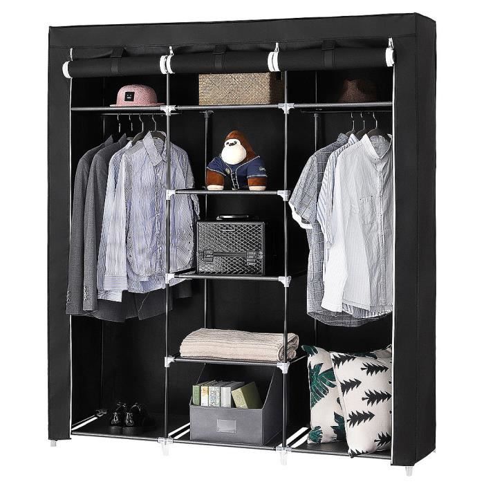 Armoire de rangement en tissu - Noir - 3 portes coulissantes - 175x150x45cm