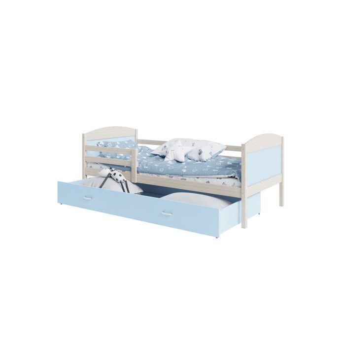 Lit enfant mateo 90x190 pin - bleu livr&eacute; avec sommiers, tiroir et matelas en mousse de 7cm