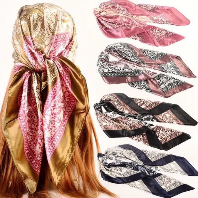 Lot de 4 Foulard Carré Femme 90cmx90cm Femmes Écharpe Bandana Foulard en soie Écharpe de Tête en Satin Grand Carré Satiné Foulard
