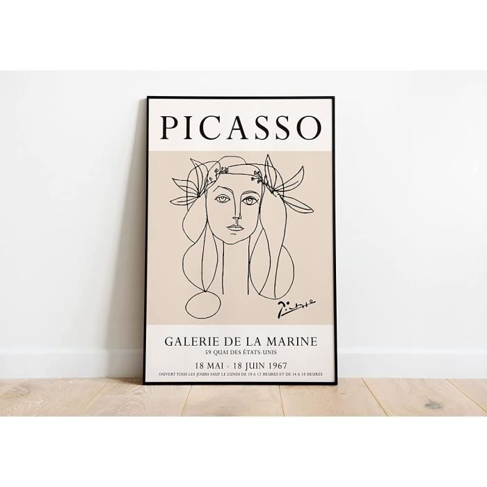 GJRYHXT Peintures célèbres abstraites de Pablo Picasso. Tableaux d'art mural encadré : Femme avec chapeau. Impressions sur toile. Affiche de décoration de salon 80x95cm, cadre doré