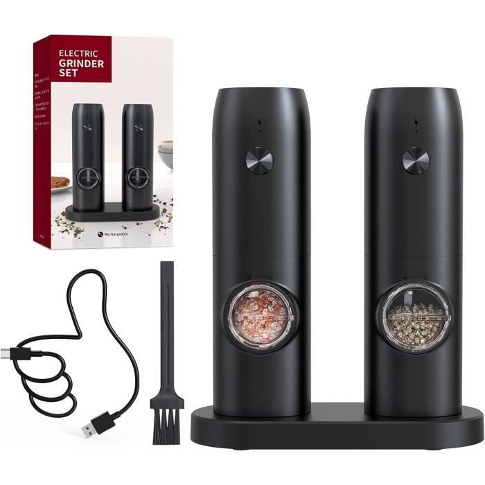 Moulins à Sel Et Poivre Électriques - Set Avec Support Rangement - Bois Et Inox - Noir Grain Bois