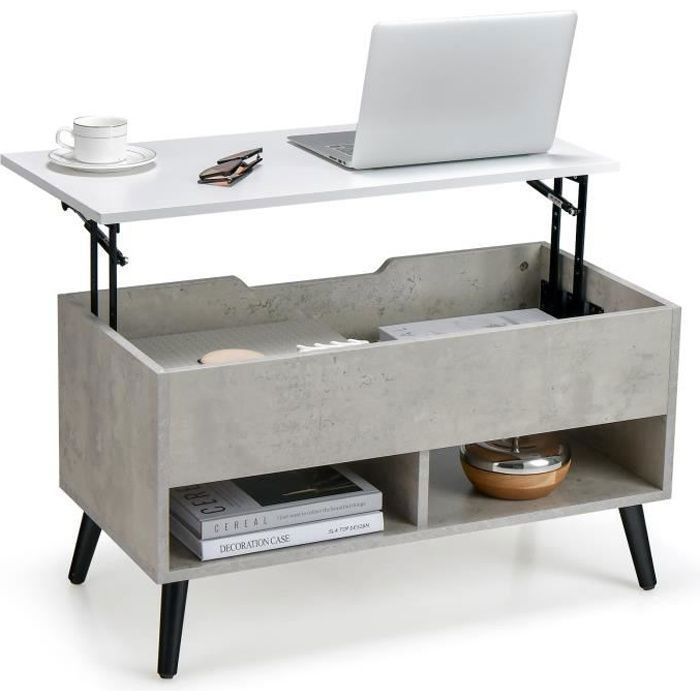 COSTWAY Table Basse avec Plateau Relevable Table de Salon Moderne avec Rangement Caché 2 Compartiments Ouverts 80x40x445-58CM Gris