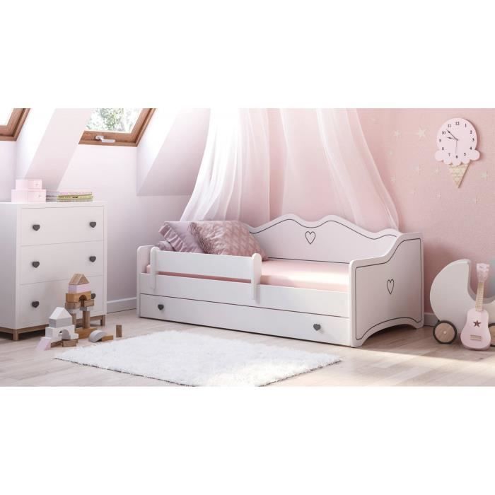 lit simple pour enfants décoré - dmora - lit bébé avec protection antichute - blanc et gris