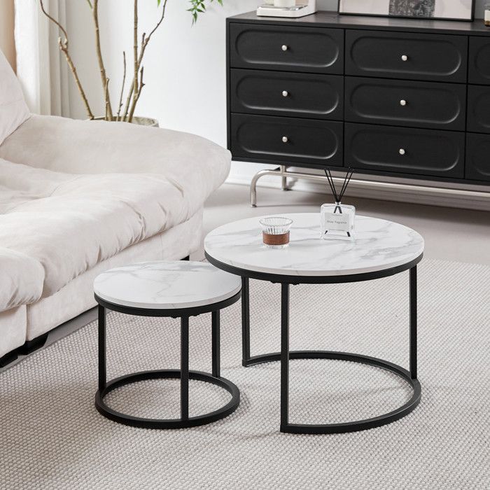 Table Basse Scandinave Table dAppoint Gigogne Ensemble de 2 Surface en Bois Massif Marbré et Pieds en Métal