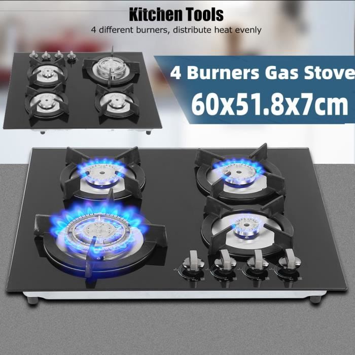 Plaque de cuisson gaz Cuisinière à Gaz en Verre et émail 4 Brûleurs