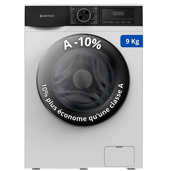 Lave-linge frontal GEDTECH GLL91400WH - 9 Kgs - 1400 tr/mn - 16 programmes - Eco - Intensif - Rapide – Très Faible conso A-10% - Gedtech