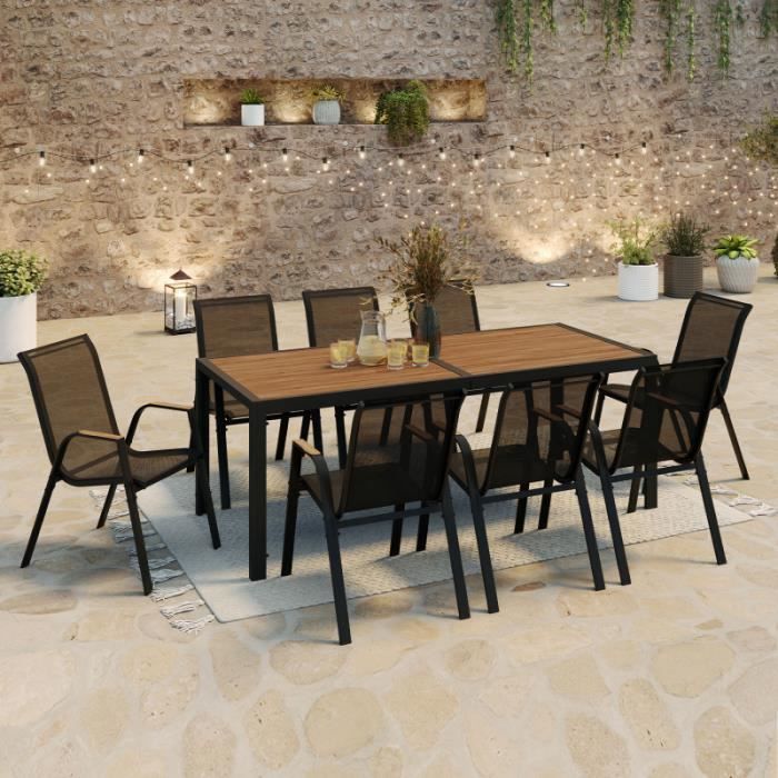 IDMARKET Salon de jardin NOUMEA table 190 cm plateau effet bois et 8 chaises empilables noir et bois