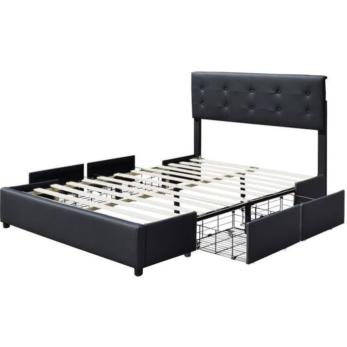 lit king of dreams - chloe - solide et confortable 160x200 avec sommier et 4 tiroirs - couleur noir