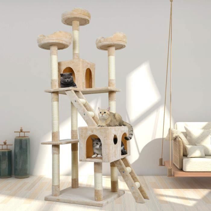 Comparer les prix de Mondeer Arbre à Chat Hauteur de 180 cm, avec Plate-Formes, Grande Grotte, Troncs épais en sisal, Palais de Chat - Beige