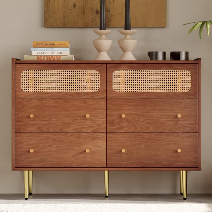 Commode avec 6 tiroirs Buffet bas en bois massif Décor en rotin Pièds en métal 120 x 40 x 90 cm