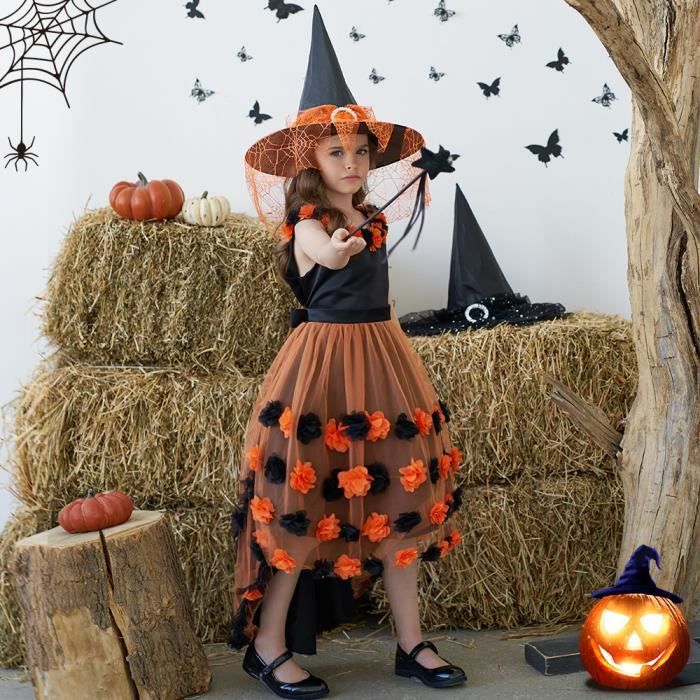 Déguisement Halloween Citrouille Robe Filles en Maille sans Manche 3 Pièces  - Noir Orange