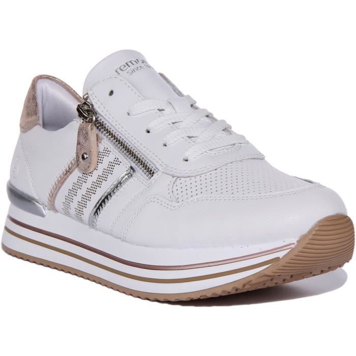 Baskets basses en cuir blanc pour femmes REMONTE D1318 Fermeture eclair laterale et lacets Blanc Cdiscount Chaussures