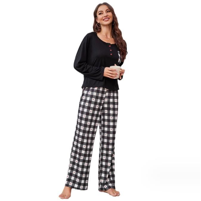 Pyjama Femme Hiver Ensembles de Pyjama Femme en Coton Grande Taille Manche Longue 2 Pieces Noir Cdiscount Pret a Porter