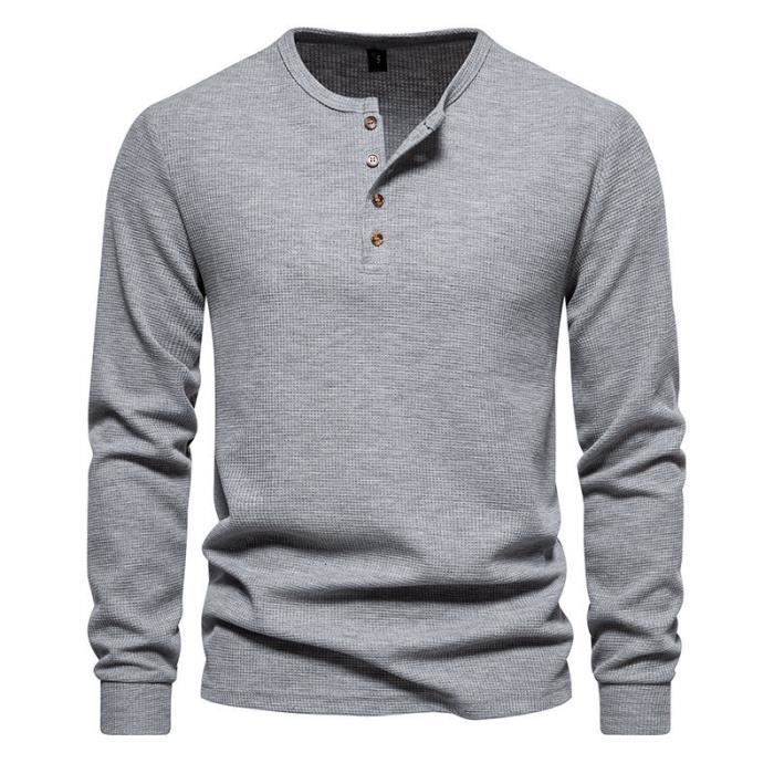 Hommes Gris Noir Blanc Manches Longues Grand-Père Henley Boutonné T-Shirt