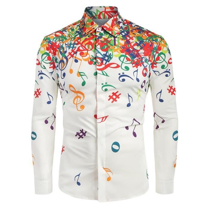 chemise à manches longues homme chemisette motif de note de musique imprimé décontractées maillot automne printemps